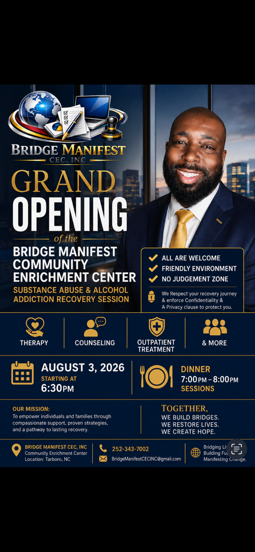 Grand Opening of the Bridge Manifest Community Enrichment Center — Addiction Recovery Session on August 3, 2026